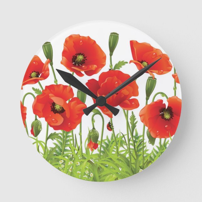 Horizontale Grenze mit roter Mohnblume Runde Wanduhr (Vorderseite)