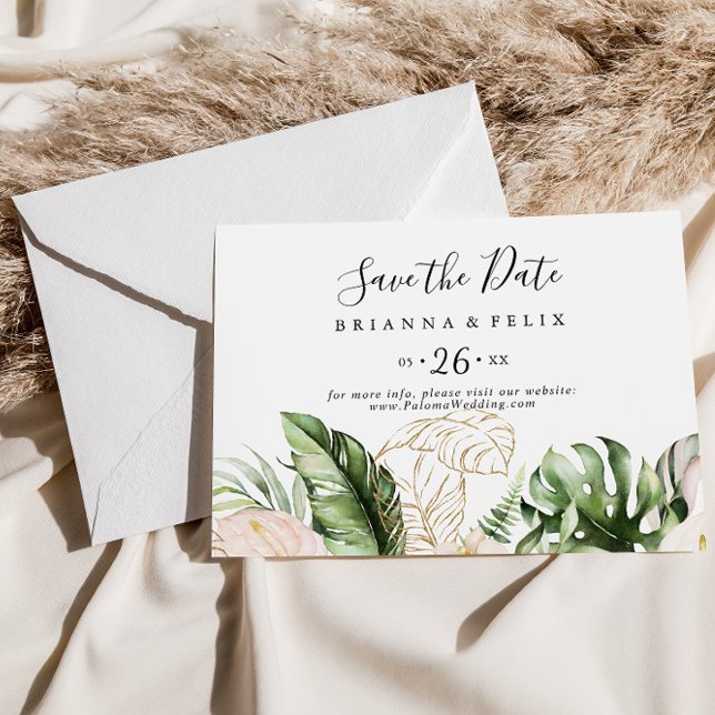Horizontale Hochzeit in Gold Tropical Foliage Save The Date (Von Creator hochgeladen)