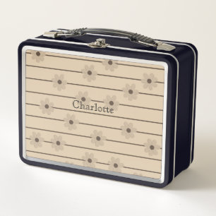 Horizontale Streifen braun Khaki-Blume Y2K-Muster Metall Brotdose