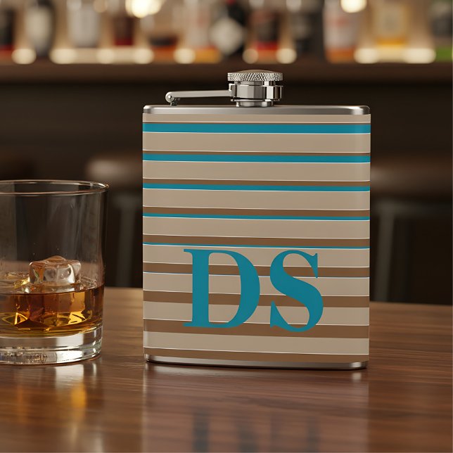 Horizontale Streifen, braun und blau, Monogramm Flachmann (flask with monogram)