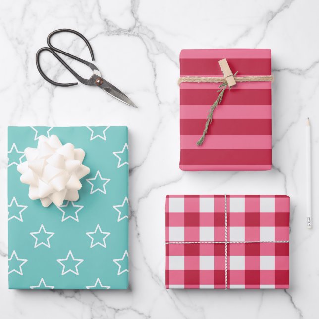 Horizontale Streifen Gingham Stars Wrapping Paper Geschenkpapier Set (Vorderseite)