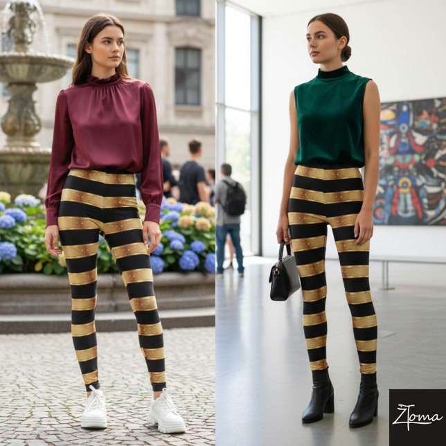 Horizontale Streifen Schwarz Gold Metallisch Glänz Leggings (Von Creator hochgeladen)