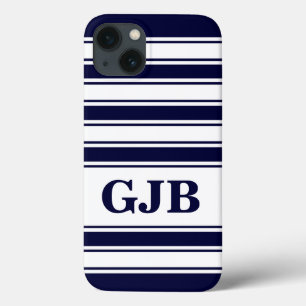 Horizontaler Navy-Streifen mit Monogramm iPhone 13 Hülle