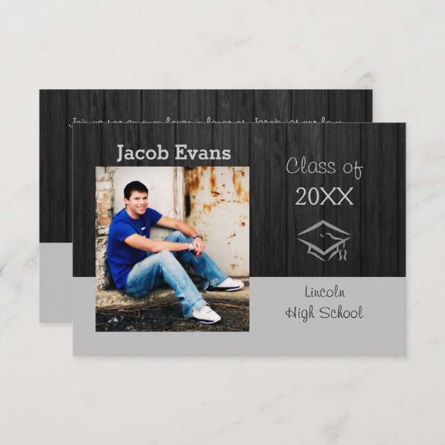 Horizontales Black Wood Foto - 3x5 Grad Bekanntgab Einladung (Vorne/Hinten)
