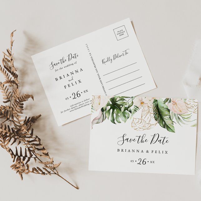 Horizontales Gold Tropical Foliage Save the Date Postkarte (Von Creator hochgeladen)