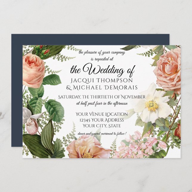 Horizontales Marine-Blau-Elfenbein-Vintage Einladung (Vorne/Hinten)