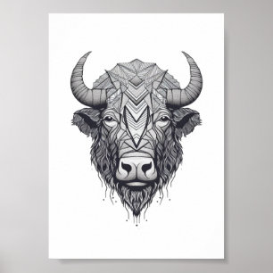 Horned Bison Buffalo Schwarz-Weiß-Portrait Poster