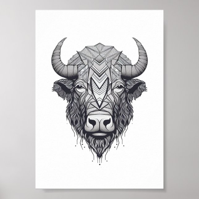 Horned Bison Buffalo Schwarz-Weiß-Portrait Poster (Vorne)