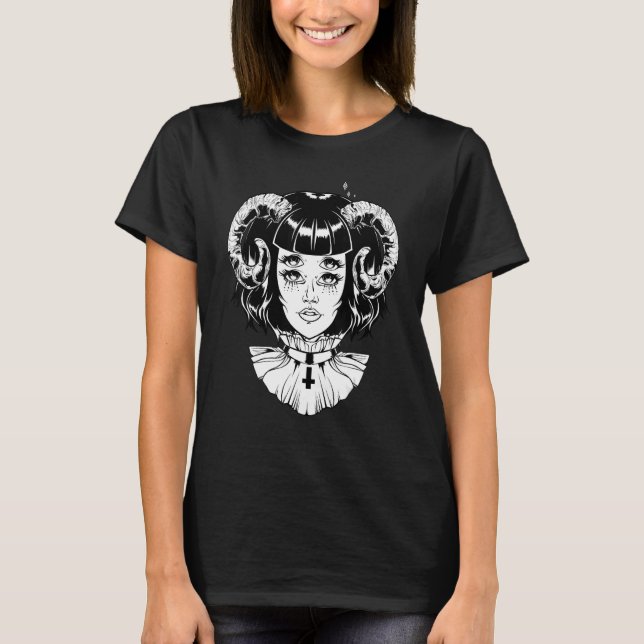 Horned Devil Satanic Halloween Glitch Goth Emo Pun T-Shirt (Vorderseite)