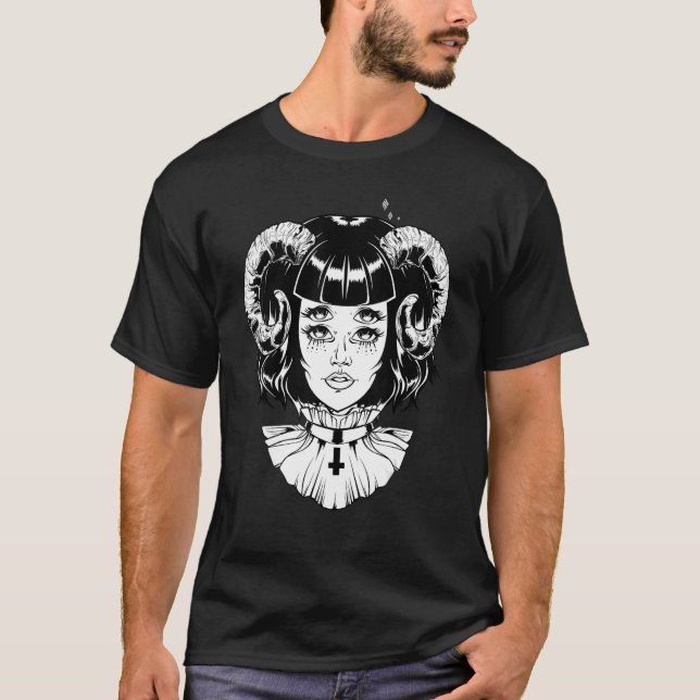 Horned Devil Satanic Halloween Glitch Goth Emo Pun T-Shirt (Vorderseite)