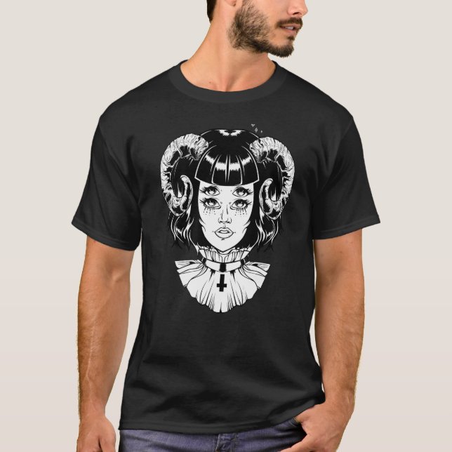 Horned Devil Satanic Halloween Glitch Goth Emo Pun T-Shirt (Vorderseite)