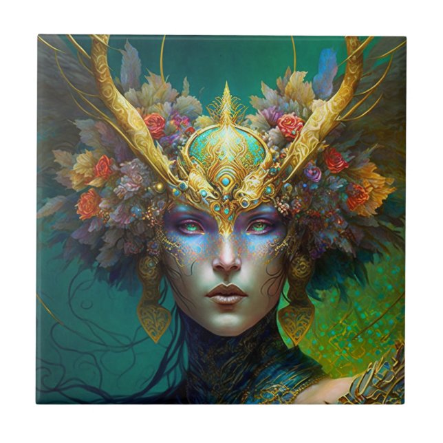 Horned Elf Woman Fantasy Art Keramik Tile Fliese (Vorderseite)