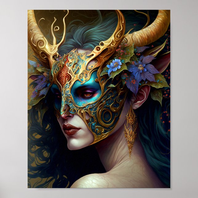 Horned Elf Woman Fantasy Art Poster (Vorne)