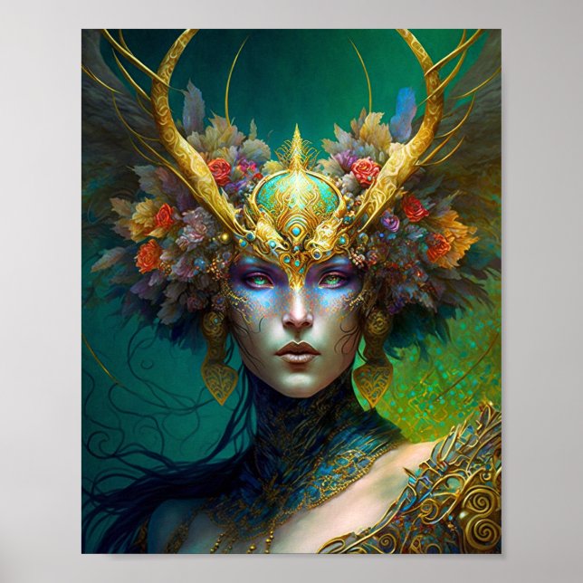 Horned Elf Woman Fantasy Art Poster (Vorne)