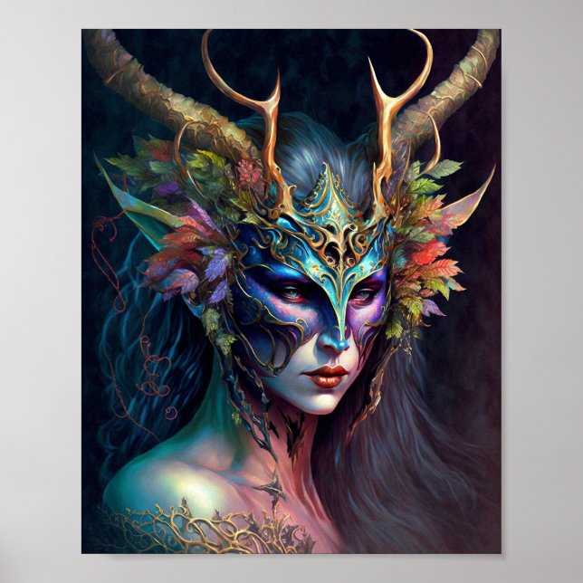 Horned Elf Woman Fantasy Art Poster (Vorne)