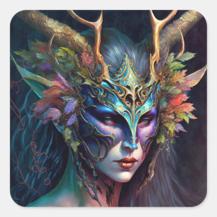 Horned Elf Woman Fantasy Art Square Sticker
