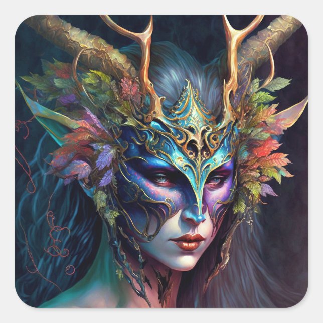 Horned Elf Woman Fantasy Art Square Sticker (Vorderseite)