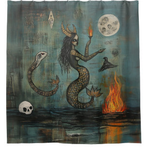 Horned Mermaid Moon Occult Dark Witchy AI Art Duschvorhang