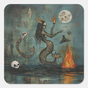 Horned Mermaid Moon Occult Dark Witchy AI Art Quadratischer Aufkleber
