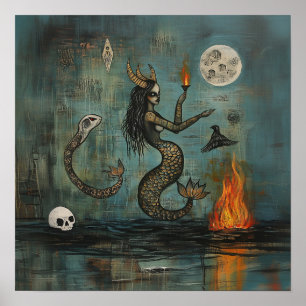 Horned Mermaid Moon Witchy AI Art Matte Value Poster