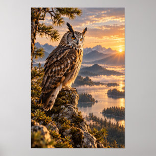Horned Owl bei Golden Mountain Sunset Wildlife Wal Poster