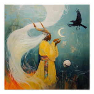 Horned Priestess Moon Witchy AI Art Semi Gloss Poster