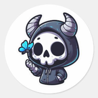 Horned Skull mit Blue Butterfly Runder Aufkleber