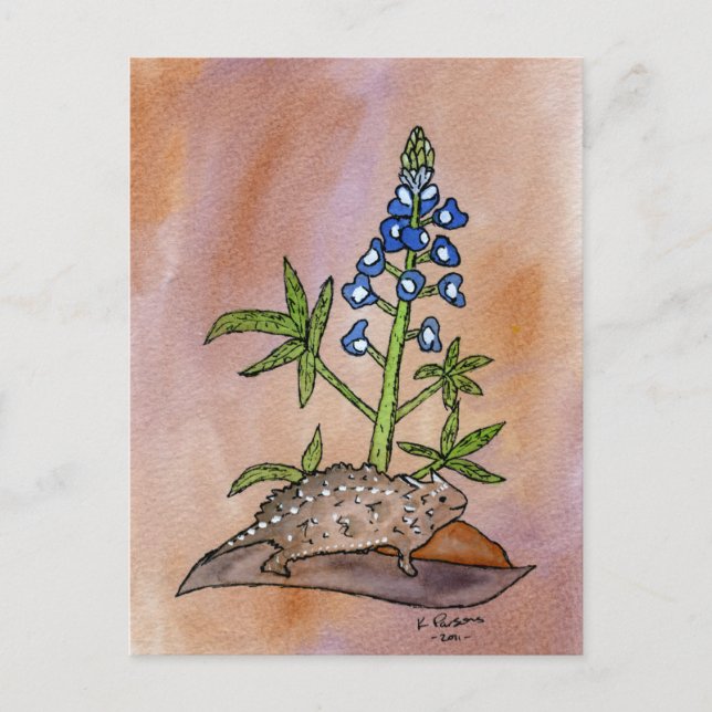 Horny Toad mit Bluebonnet Postkarte (Vorderseite)