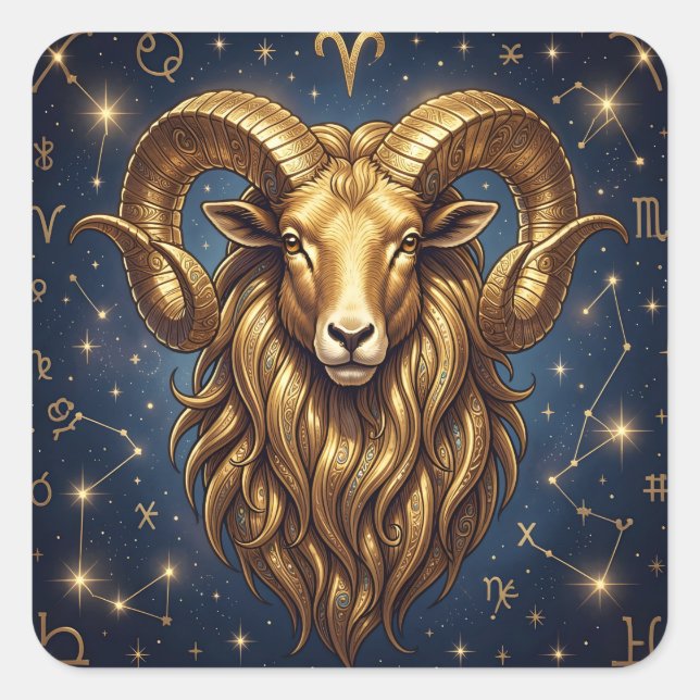 Horoscope Sign Aries Golden Ram and Stars Quadratischer Aufkleber (Vorderseite)