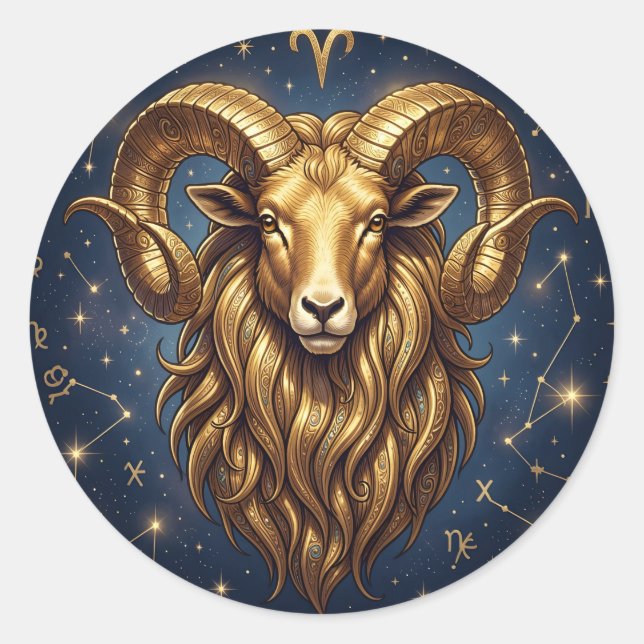Horoscope Sign Aries Golden Ram and Stars Runder Aufkleber (Vorderseite)