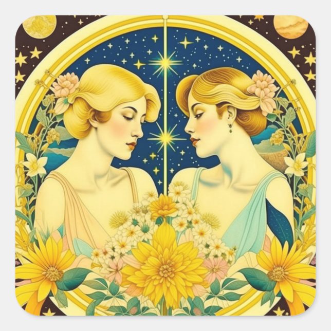 Horoscope Sign Gemini Twins Ethereal Quadratischer Aufkleber (Vorderseite)