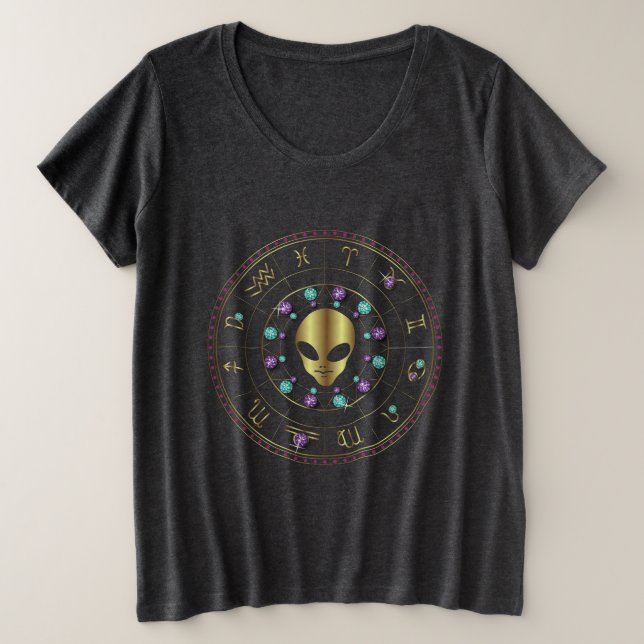 Horoskop Jeweled Entwurfs-Goldalien Große Größe T-Shirt (Design vorne)