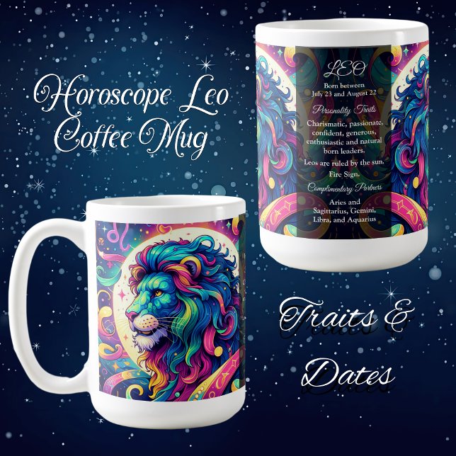 Horoskop-Zeichen Leo info | Farbenfrohe Löwenkunst Kaffeetasse (Von Creator hochgeladen)