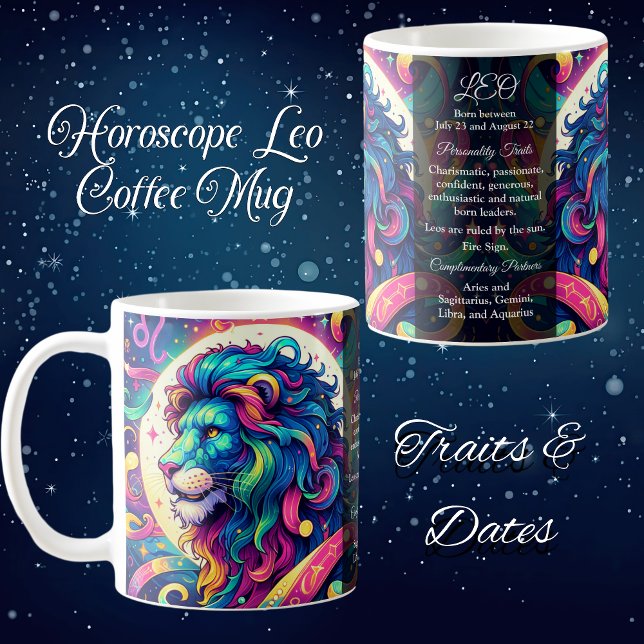 Horoskop-Zeichen Leo info | Farbenfrohe Löwenkunst Kaffeetasse (Von Creator hochgeladen)