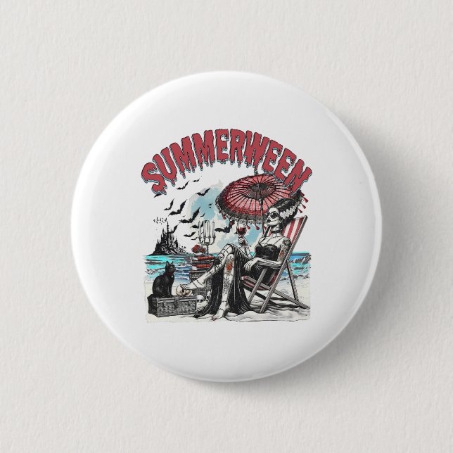 Horror-Charakter Summerween Halloween Vintage Stra Button (Vorderseite)