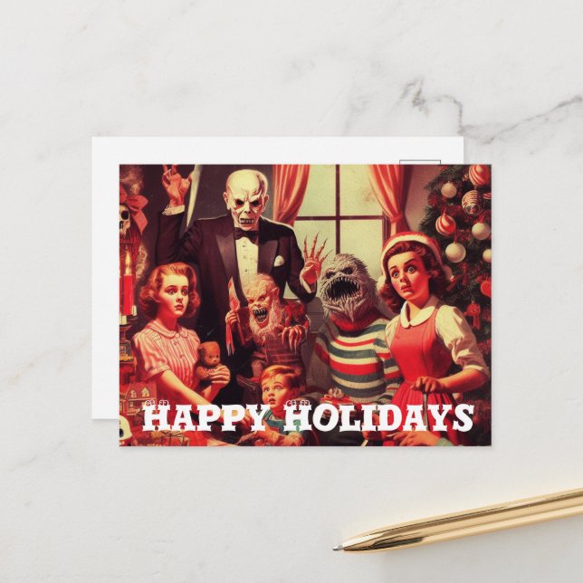Horror Retro Happy Holidays Weihnachten Postkarte (Vorderseite/Rückseite Beispiel)
