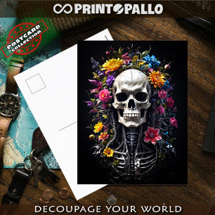 Horror Schädel und Skelett mit Blume Postkarte