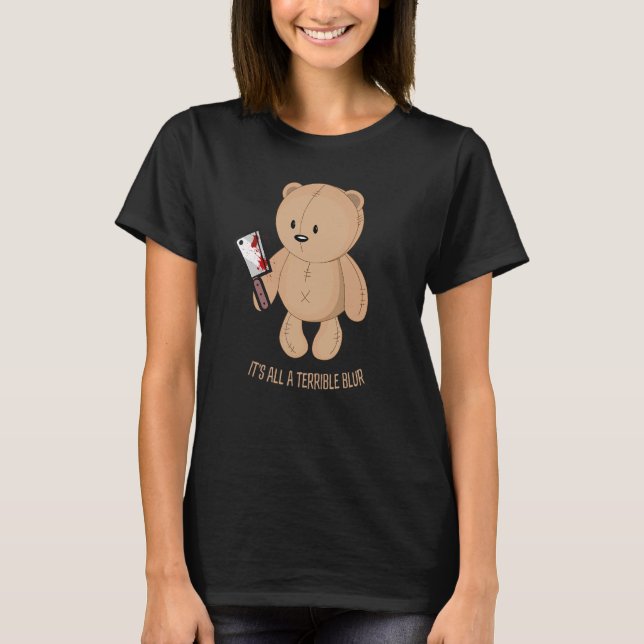 Horror Teddy hält blutigen Messermörder Bärenstall T-Shirt (Vorderseite)