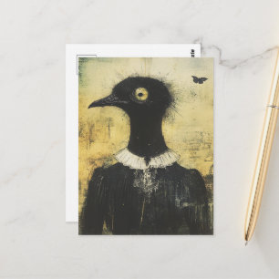 Horrorschwarzer Vogel in einer schwarzen Kleid-Fan Postkarte