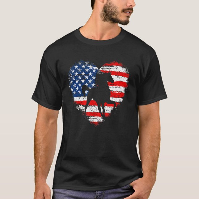 Horse American Flag Heart 4th of July USA Patrioti T-Shirt (Vorderseite)