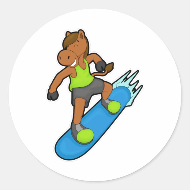 Horse as Snowboarder with Snowboard Runder Aufkleber (Vorderseite)