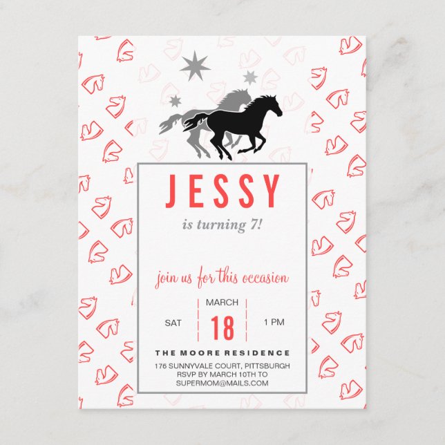 Horse Birthday Invitations Coral Red Einladung (Vorderseite)