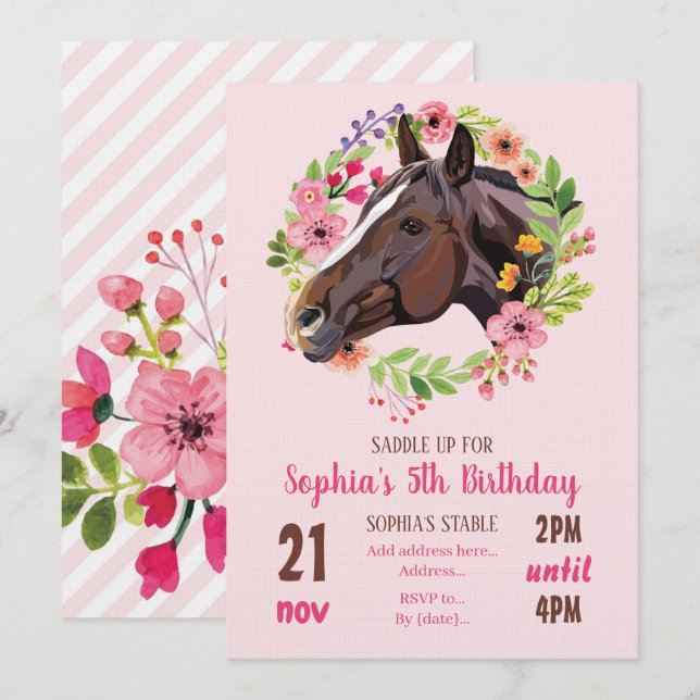 Horse Birthday Party Cowgirl Pink Floral Birthday Einladung (Vorne/Hinten)