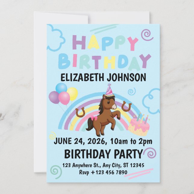 Horse Birthday Party Invitation Blue Einladung (Vorderseite)