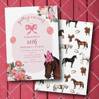 Horse Birthday Theme Pink Floral Girl Cowgirl Einladung