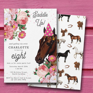 Horse Birthday Theme Pink Floral Girl Cowgirl Einladung