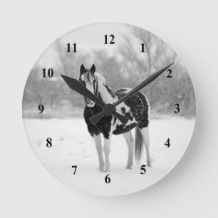 Horse Black and White Snow Photo Runde Wanduhr