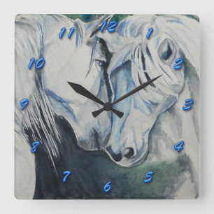 Horse Clock- Watercolor Style with Blue Numbers Quadratische Wanduhr