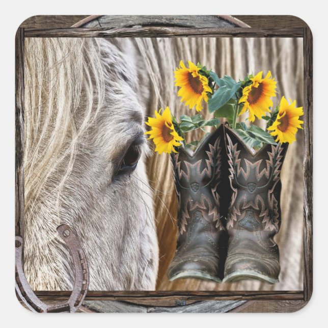 Horse Cowboy Boots Sonnenblumen Horseshoe Quadratischer Aufkleber (Vorderseite)