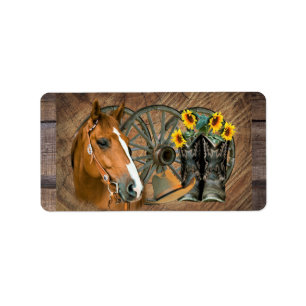 Horse Cowboy Boots Wagon Wheel Sunflowers Western Adressaufkleber